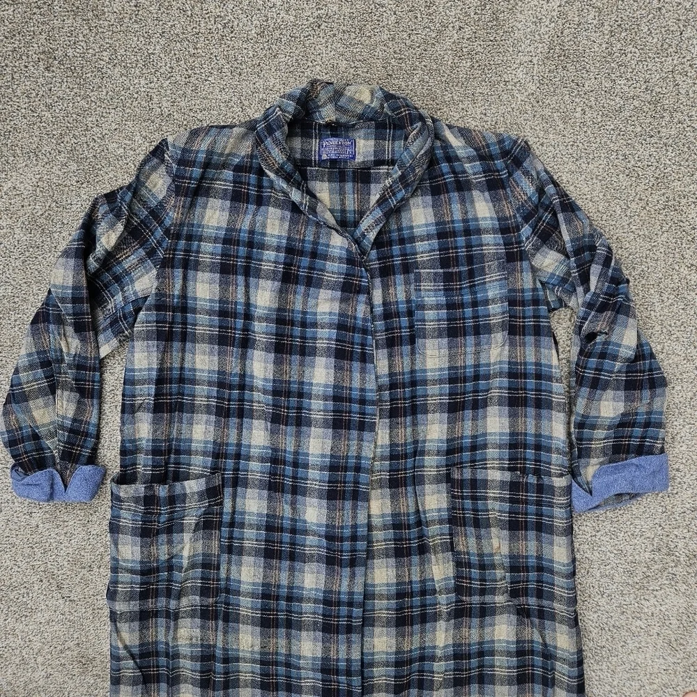 Vintage 60s Pendleton Made In USA Blue Tartan Plaid Virgin Wool Robe Mens Large